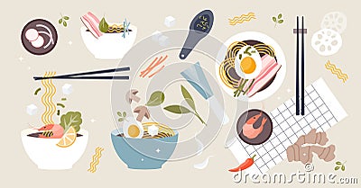 Ramen soup elements with food sticks bowls and ingredients tiny person set Vector Illustration