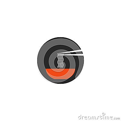 Ramen soup round icon in minimal style, japanese fastfood logo, with chopsticks pulled noodles from a plate Vector Illustration
