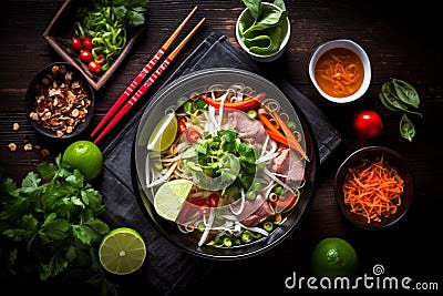 chinese japanese bowl noodle vegetable meal background food hot soup asian. Generative AI. Stock Photo