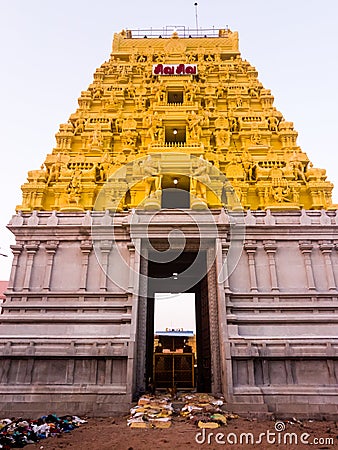 One of the gopuram towers of the ancient Hindu Ramanathaswamy temple in the pilgrim Stock Photo