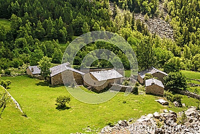 Village and hiking refugio shelters in famous Madriu Perafita Claror Valley in Andorra, UNESCO world heritage place Stock Photo