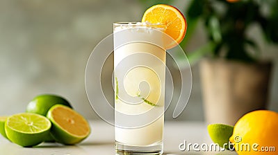 Ramos Gin Fizz cocktail: ice, lime juice, lemon juice, lemon peel, syrup, superfine sugar, gin, AI generated Stock Photo