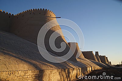 Ramparts of the old town of Khiva view of the beautiful evening patterns of Uzbekistan Editorial Stock Photo