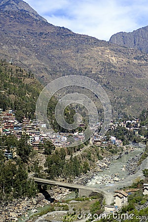 Rampur Village on the bank of Sutlej River of Himalaya Stock Photo