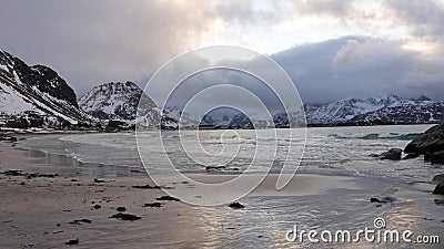 Ramsberg beach on Flakstad island on the Lofoten islands in winter at sunset Stock Photo