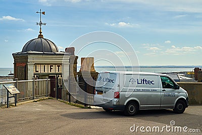 Ramsgate, United Kingdom - April 26, 2021: A Liftec engineer visits the out of service lift at Wellington Crescent in East Cliff. Editorial Stock Photo
