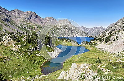 Ranas Lake iand Respomuso lake in Tena Valley in The Pyrenees, Huesca, Spain. Stock Photo
