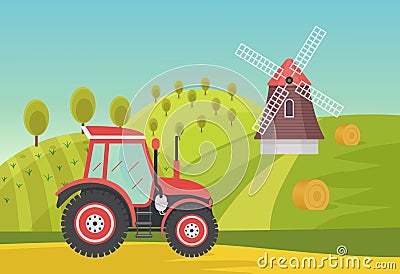 Ranch agricultural summer green fields with modern farm tractor, countryside agronomy Vector Illustration