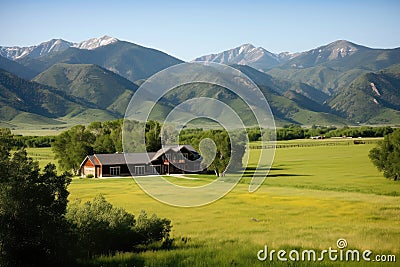 ranch house surrounded by lush greener with mountain range in the background Stock Photo