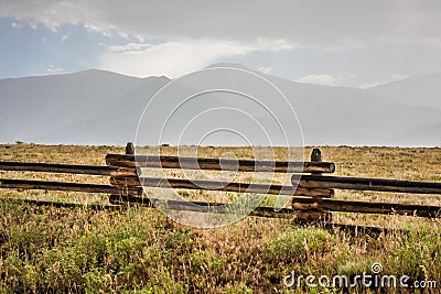 Ranch Land below the Sangre de Cristo Mountains Stock Photo