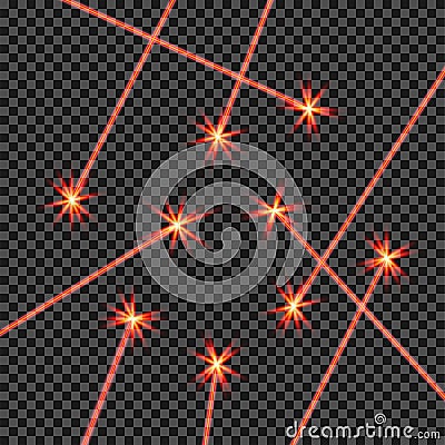 Random abstract red laser beams light isolated on transparent black background. Vector illustration laser ray Vector Illustration