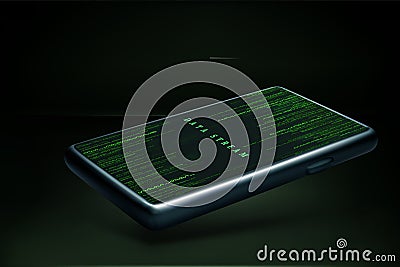 Random binary data stream on mobile phone screen. Smartphone wallpaper mock up. Matrix screen saver on telephone Vector Illustration