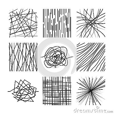 Random chaotic asymmetrical lines. Abstract modern linear vector patterns set Vector Illustration