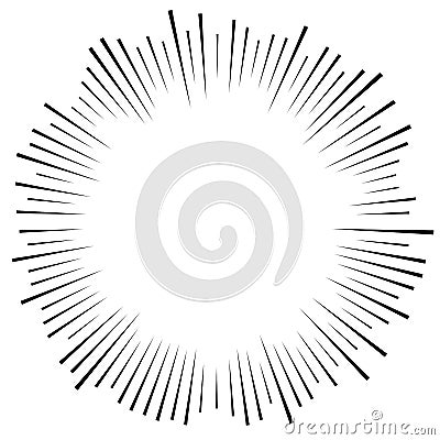 Random circular lines starburst, sunburst. Converging radial, radiating stripes, spokes. Concentric rays, beams. Fireworks, Vector Illustration