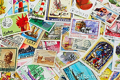 Random Collection of Postal Stamps Editorial Stock Photo