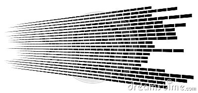 Random 3d dashed lines in perspective. segmented stripes geometric pattern. vanish, diminish streaks. irregular fading strips Vector Illustration