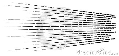Random 3d dashed lines in perspective. segmented stripes geometric pattern. vanish, diminish streaks. irregular fading strips Vector Illustration