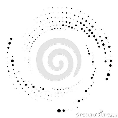 Random dotted, dots, halftone speckles concentric circle.Spiral, swirl, twirl element.Circular and radial lines volute, helix. Vector Illustration