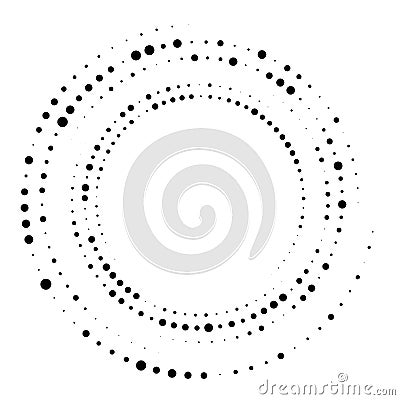 Random dotted, dots, halftone speckles concentric circle.Spiral, swirl, twirl element.Circular and radial lines volute, helix. Vector Illustration