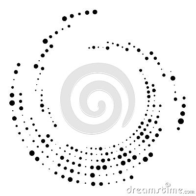 Random dotted, dots, halftone speckles concentric circle.Spiral, swirl, twirl element.Circular and radial lines volute, helix. Vector Illustration