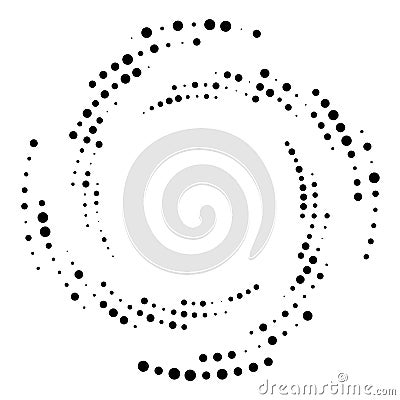 Random dotted, dots, halftone speckles concentric circle.Spiral, swirl, twirl element.Circular and radial lines volute, helix. Vector Illustration