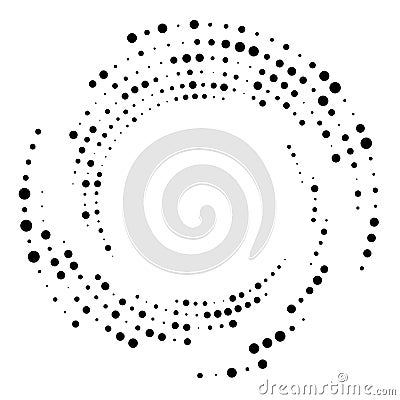Random dotted, dots, halftone speckles concentric circle.Spiral, swirl, twirl element.Circular and radial lines volute, helix. Vector Illustration