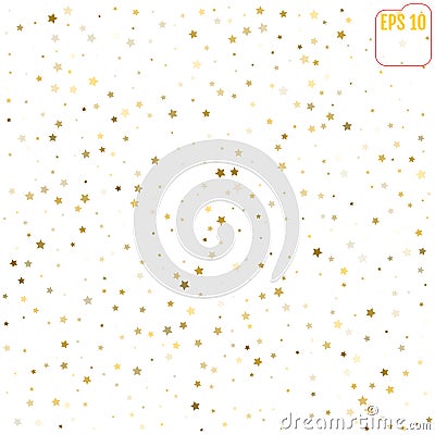 Random falling gold stars on white background. Glitter pattern f Vector Illustration