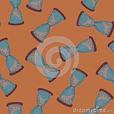 Random hourglass blue silhouettes print seamless pattern. Orange background. Pale tones Cartoon Illustration