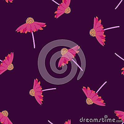 Random pink gerbera flowers seamless doodle pattern. Dark purple background. Brught print Vector Illustration