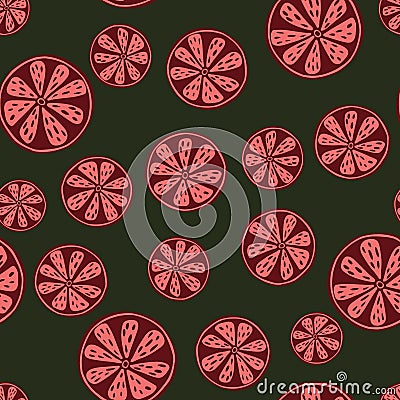 Random pink vintage citrus shapes seamless pattern. Green dark background. Hand drawn food backdrop Vector Illustration