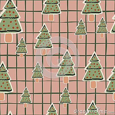 Random seamless doodle pattern with stylized winter cookies fir tree shapes. Green tasty ornament on pink chequered background Cartoon Illustration