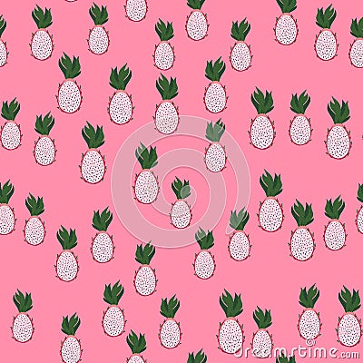 Random seamless fruit pattern with dragon fruit ornament. Doodle food shapes on pink background Cartoon Illustration