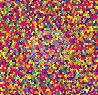 Random seamless mosaic pattern in toy, candy colors. Background is made up of multicolored hexagons. Vector Illustration