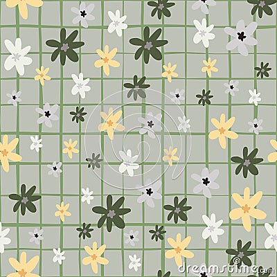 Random seamless naive pattern with chamomile abstract flowers. Floral ornament in orange and green colors on grey chequered Cartoon Illustration