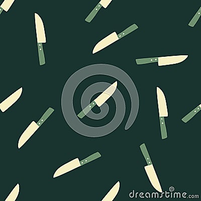 Random seamless pattern with doodle knife silhouettes. Kitchen simple backdrop with cooking tools in green colors Cartoon Illustration