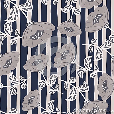 Random seamless pattern in hand drawn style with grey folk flowers ornament. Navy blue striped background Cartoon Illustration