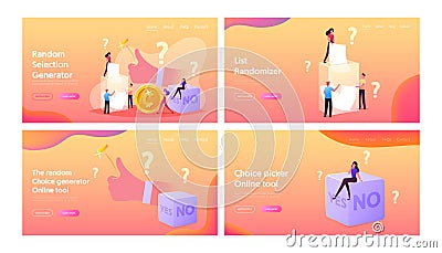 Random Selection Landing Page Template Set. Tiny Characters Throw Coin and Dice with Yes or No Side, Pull Paper from Box Vector Illustration