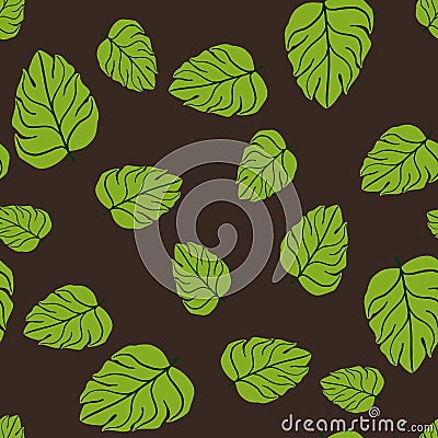 Random tropic nature seamless doodle pattern with bright green monstera leaf shapes. Brown background Vector Illustration