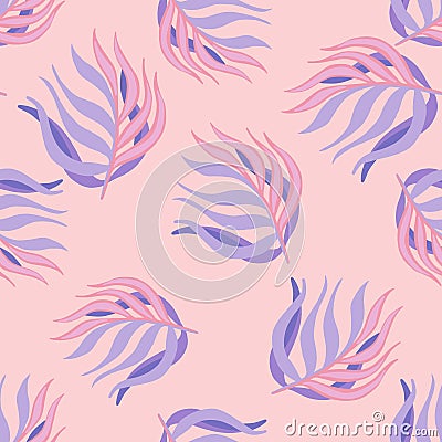 Random tropic seamless pattern with hand drawn blue colored leaves print. Pink background Vector Illustration