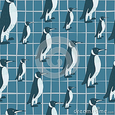 Random tropic zoo seamless pattern with doodle penguin ornament. Chequered background. Blue palette print Vector Illustration