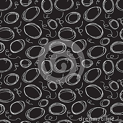 Random white hand drawn round circle doodles and scribbles pattern on black Vector Illustration