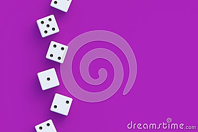 Random winnings. Jackpot. Leisure entertainment for the whole family. Line of dices on violet background Stock Photo