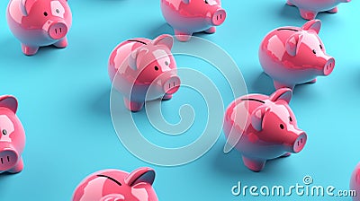 Randomly Placed Pink and Blue Piggy Banks on Blue Background Illustrating Personal Savings and Financial Concept AI Generated Cartoon Illustration