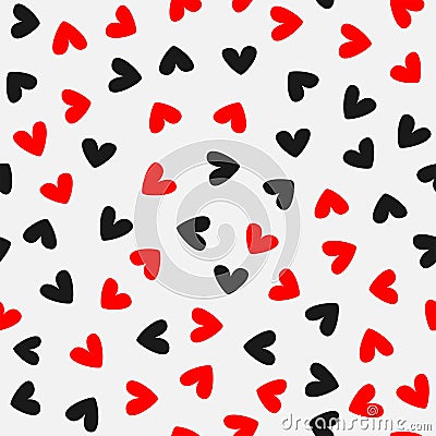 Randomly scattered hearts. Romantic seamless pattern. Red, black, gray. Vector illustration. Vector Illustration