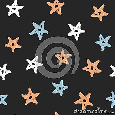 Randomly scattered stars painted with rough brush. Colorful seamless pattern. Vector Illustration