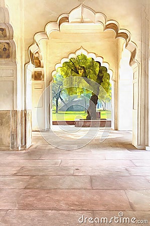 Rang Mahal colorful painting, Red Fort, Lal Qila, Delhi India. Stock Photo