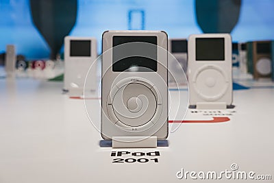 Range of iPods inside Apple Museum in Prague, Czech Republic Editorial Stock Photo