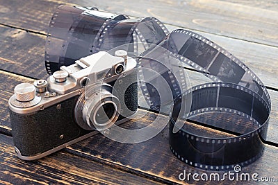 Old rangefinder vintage and retro photo camera with vintage color effect Stock Photo