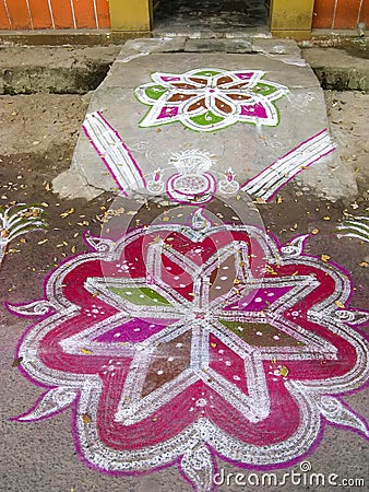 Rangoli. Figure-prayer around the front door. India Editorial Stock Photo