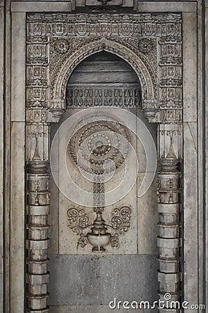 Rani Sipri`s Mosque also known as Rani Sipri ni Masjid or Masjid-e-nagina, white marble carved Interior close up, Islamic Stock Photo